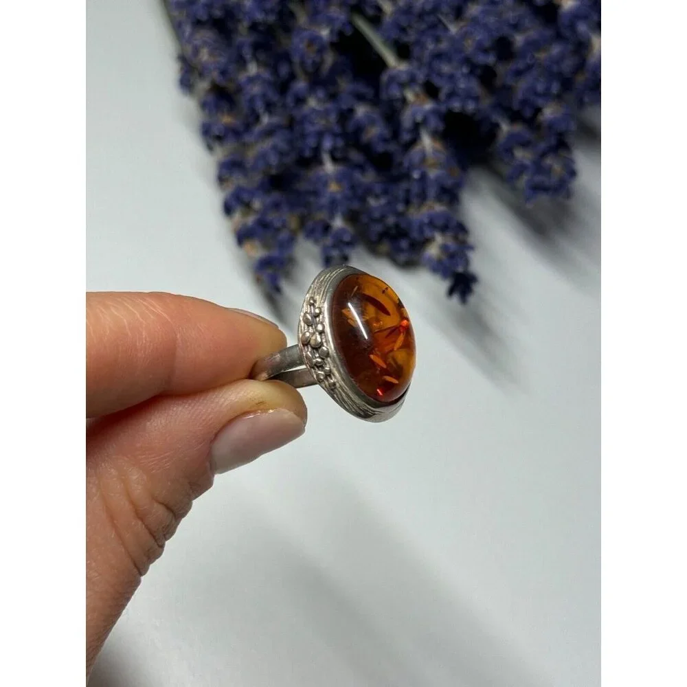925 STERLING SILVER AMBER RING SIZE 6